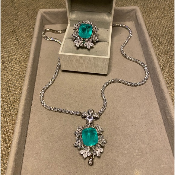S925 huge Paraiba Tourmaline flower bridal jewelry set - Picture 13 of 16